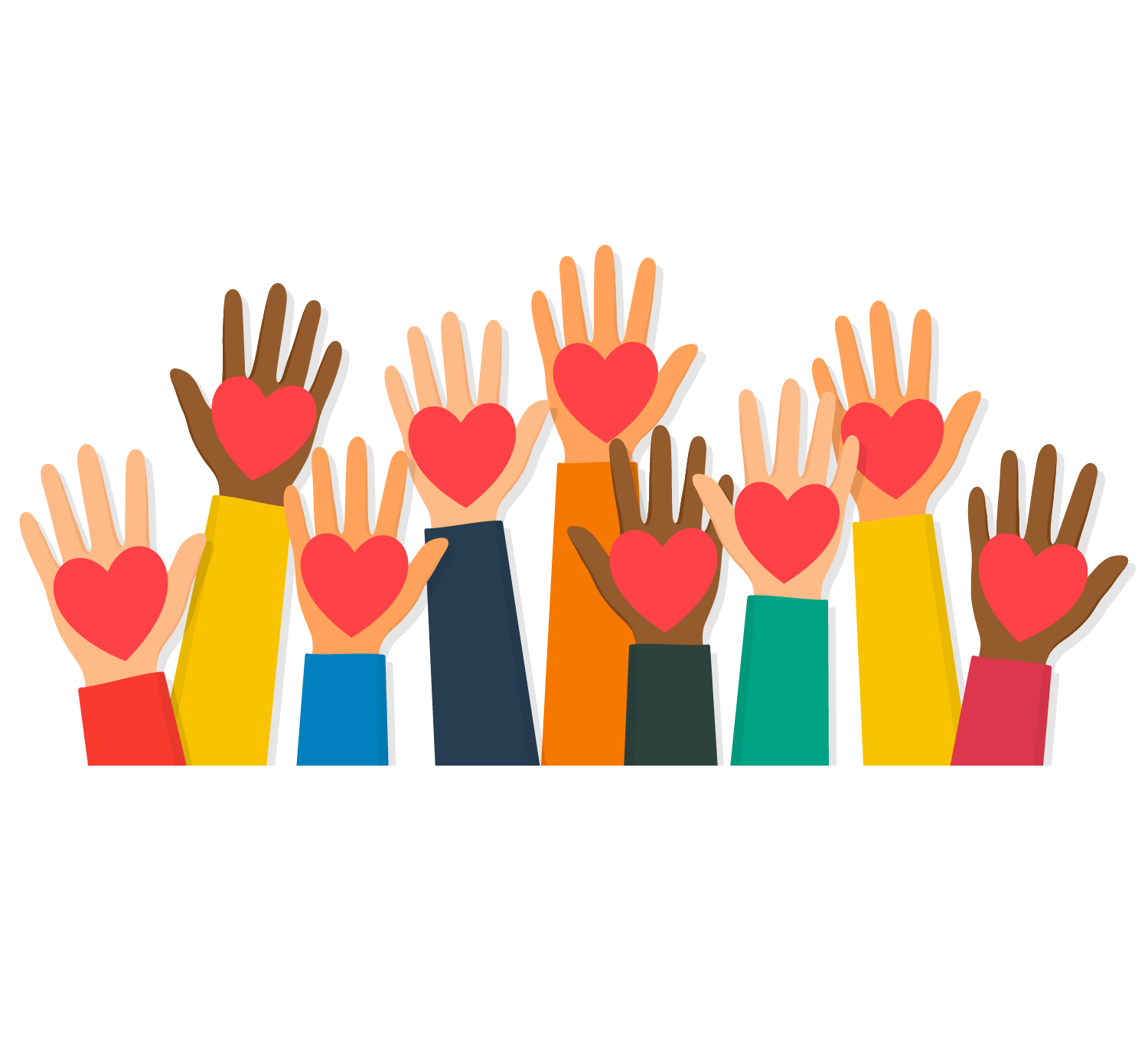 Images shows a cartoon of raised hands with a heart symbol in their palms.