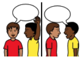 2 drawings with a black line separating them. Both drawings are of 2 people talking to each other. They are taking turns to listen and talk.