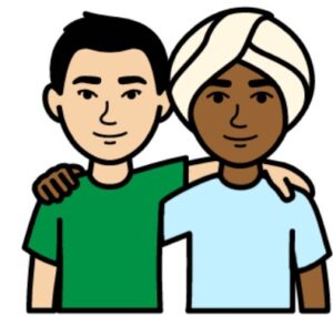 Two male friends with their arms around each other's shoulders. One has a turban on his head.