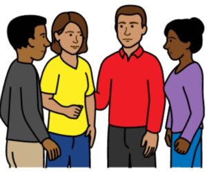 4 people standing together talking