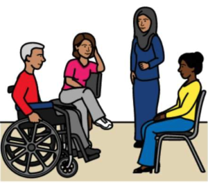4 people gathered around having a peer group meeting