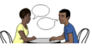 Drawing of a woman and man sitting face to face at a table. They have speech bubbles near their mouths.