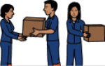 Drawing of 3 people helping each other to move boxes