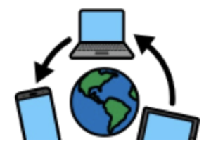 Drawing of Earth with a laptop, smart phone and electronic tablet around it. There are arrows pointing in between each device.