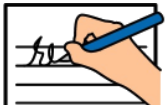 Drawing of a lined piece of paper. There is a hand holding a pencil and writing on the piece of paper