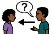 Drawing of a woman and man facing each other. Next to the man's mouth there is a speech bubble with a question mark inside. Underneath the speech bubble, there is an arrow pointing from the man to the woman.