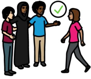 Woman is walking up to 3 people. There is a green tick between them.