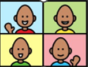 Drawing of an electronic tablet. On the screen there are 4 people. 2 of them are waving.