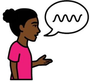 Woman with black hair talking