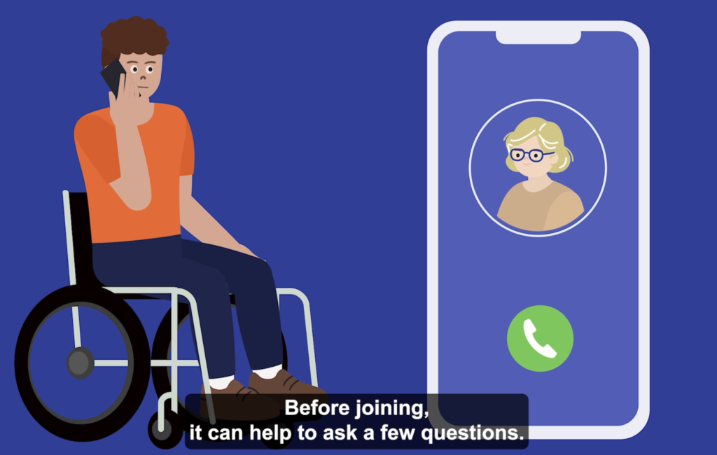 Drawing of a man in a wheelchair talking on a mobile phone. A large mobile phone is on the screen with a woman's face on it.