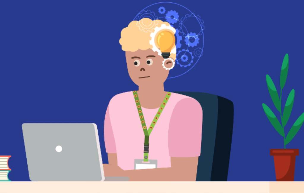 Drawing of a man at a desk with a laptop. He has turning cogs around his head indicating deep thinking. He is wearing a sunflower lanyard