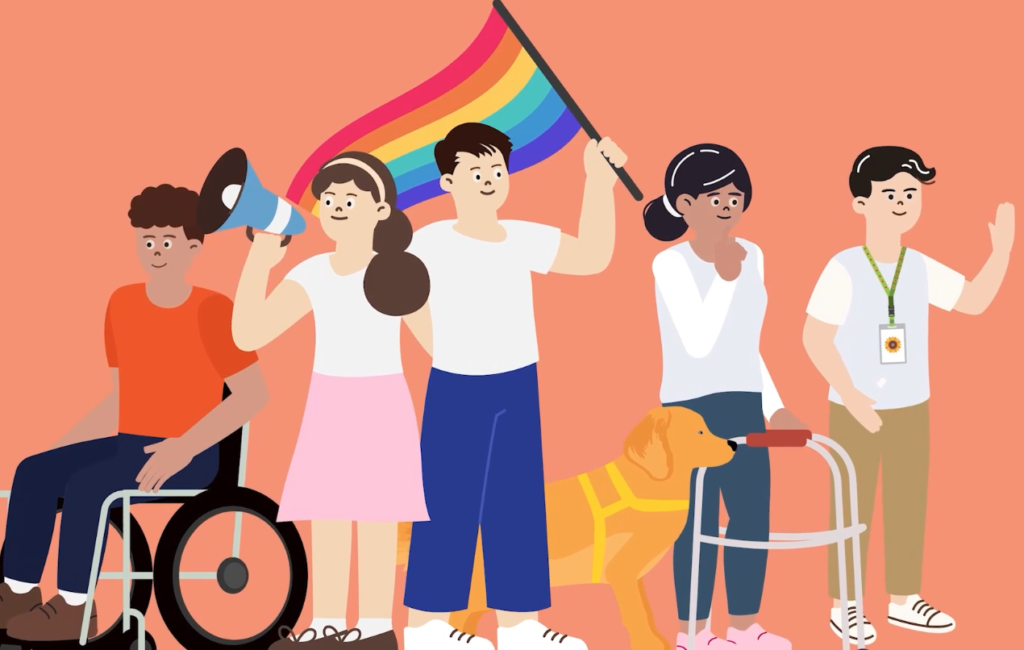 A drawing of a group of people with different disabilities, one is holding a pride flag and one has a guide dog
