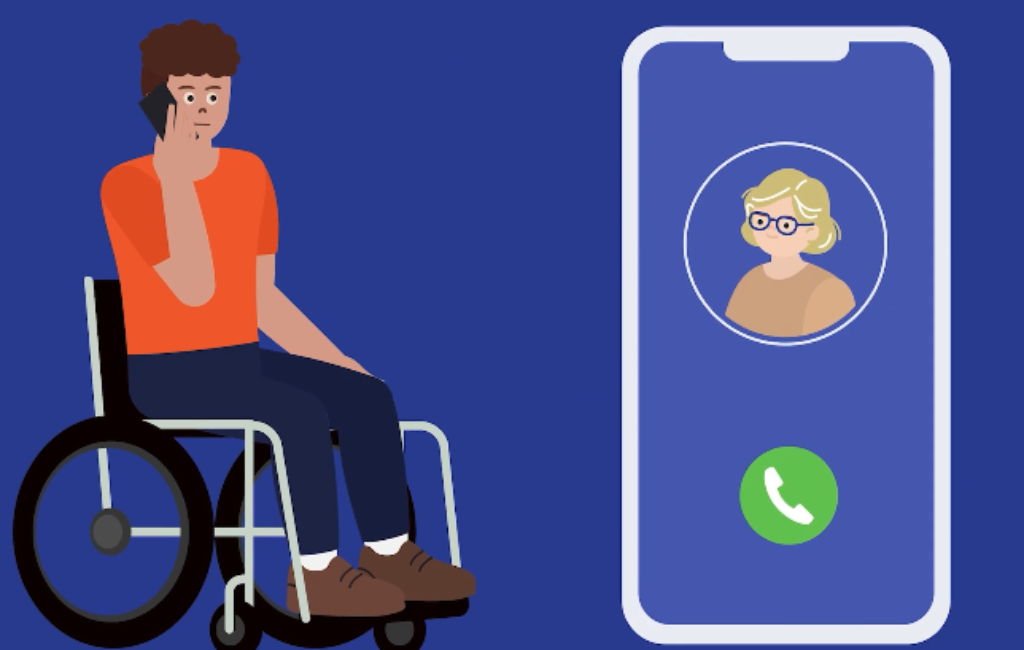 Man in a wheelchair messaging a woman about joining a peer group