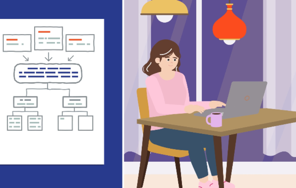 Drawing of a woman at a desk with a computer and next to her is a large blue box with an illustration of a flow chart
