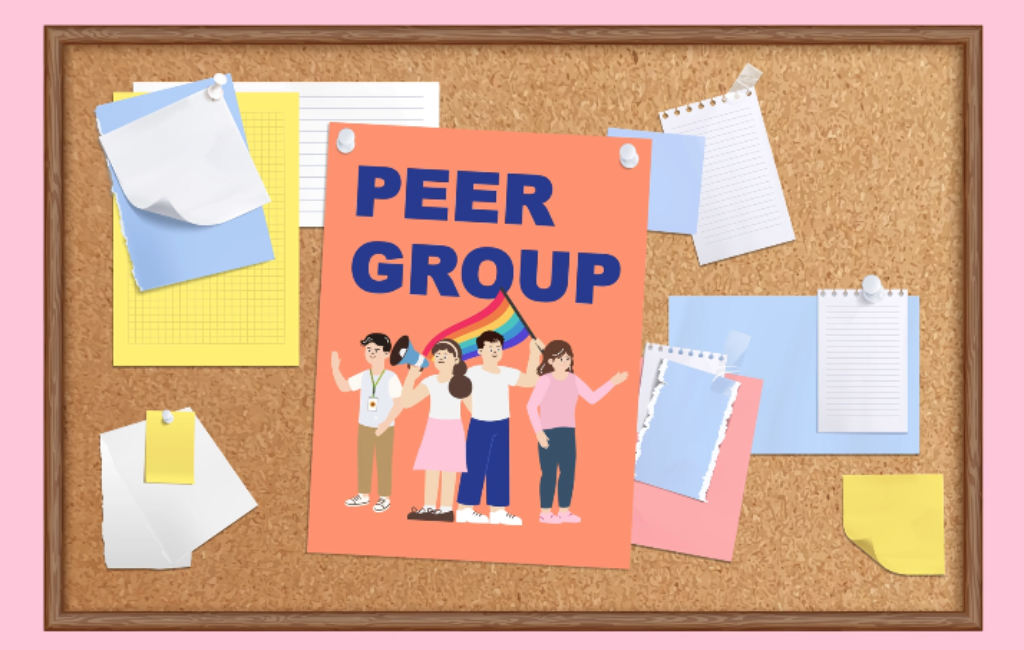 Drawing of a community notice board with a peer group flyer pinned to it