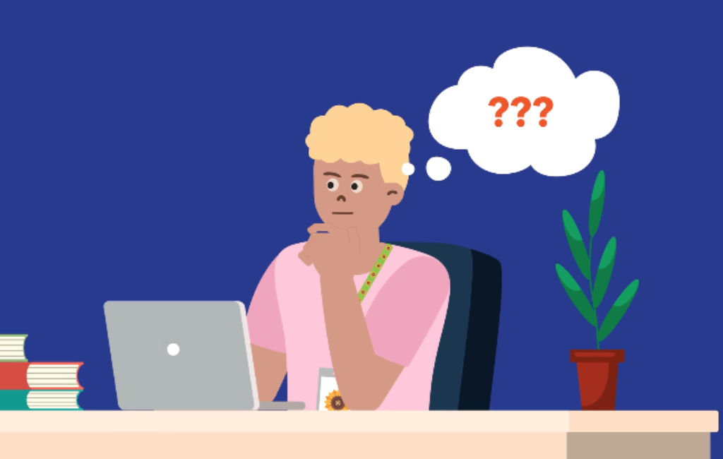 Drawing of a man sitting at a desk with a computer. He has a thought bubble above his head with 3 question marks