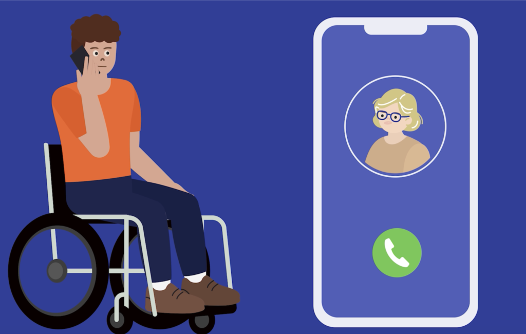 Drawing of a man in a wheelchair talking on a mobile phone. Besides him is a large drawing of a phone with a woman's face and a green telephone symbol.