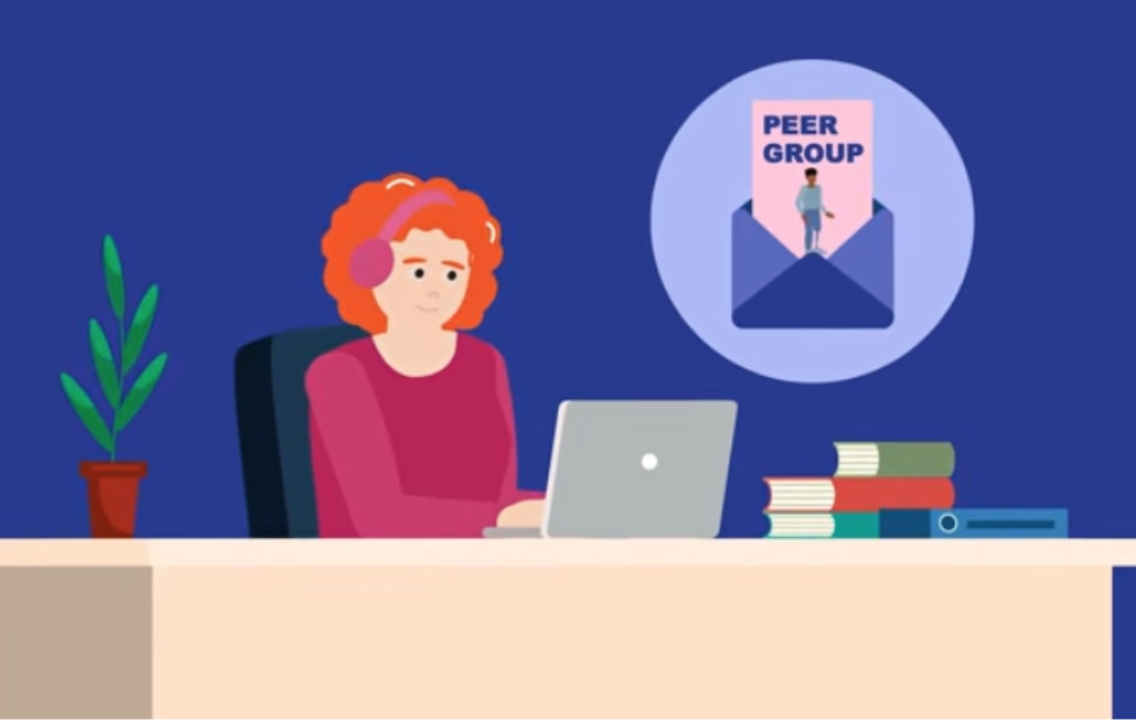 Drawing of a woman at a desk with a computer. There is a picture of a peer group invitation next to her.