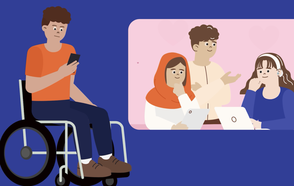 Drawing of a man using a wheelchair holding his phone. There is an image next to him of 3 people, he is looking at the group on social media